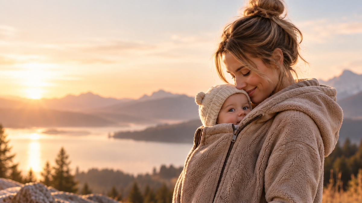 Mama trägt ihr Baby warm an der Brust in der Kuscheljacke
