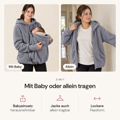 Frau trägt die graue Kuscheljacke einmal mit Baby im Babyeinsatz und einmal allein, darunter die Vorteile herausnehmbarer Babyeinsatz, allein tragbar und lockere Passform