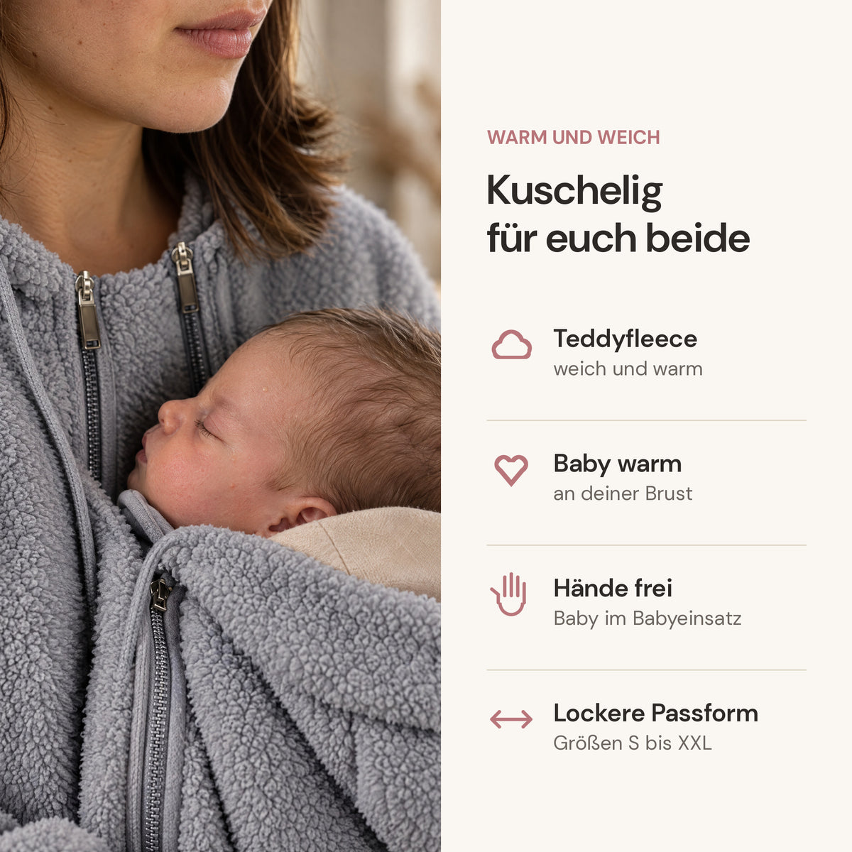 Schlafendes Neugeborenes im Babyeinsatz an der Brust der Mutter in grauem Teddyfleece, daneben die Vorteile Teddyfleece, Baby warm an deiner Brust, Hände frei und lockere Passform