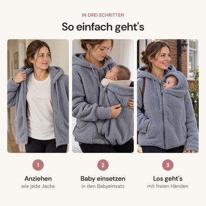 Drei Schritte mit der grauen Kuscheljacke: Jacke anziehen, Baby in den Babyeinsatz setzen, mit Baby an der Brust losgehen