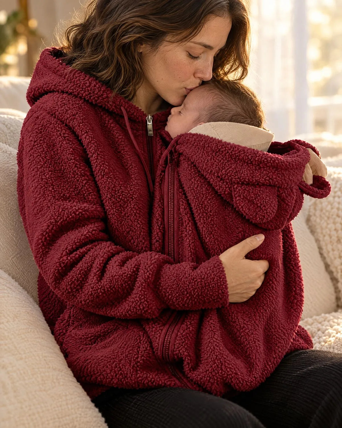 Mama küsst ihr Baby in der Kuscheljacke in Dunkelrot