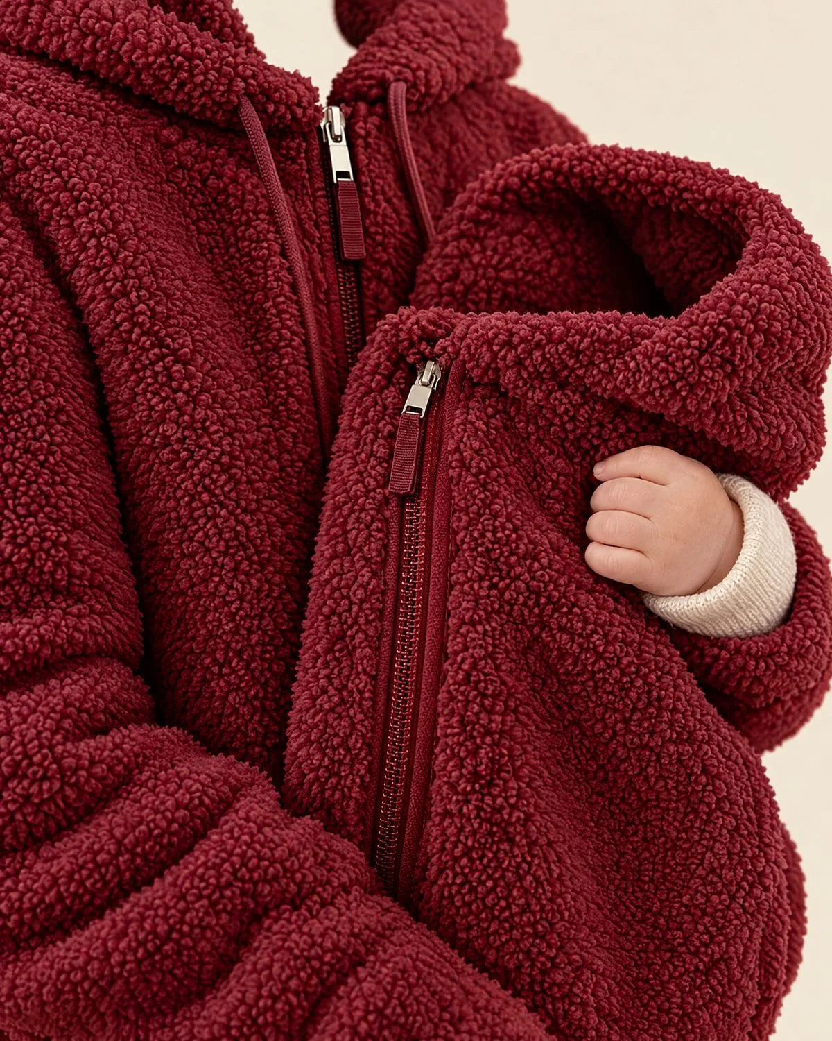 Babyhand am Einsatz der dunkelroten Jacke, Detail