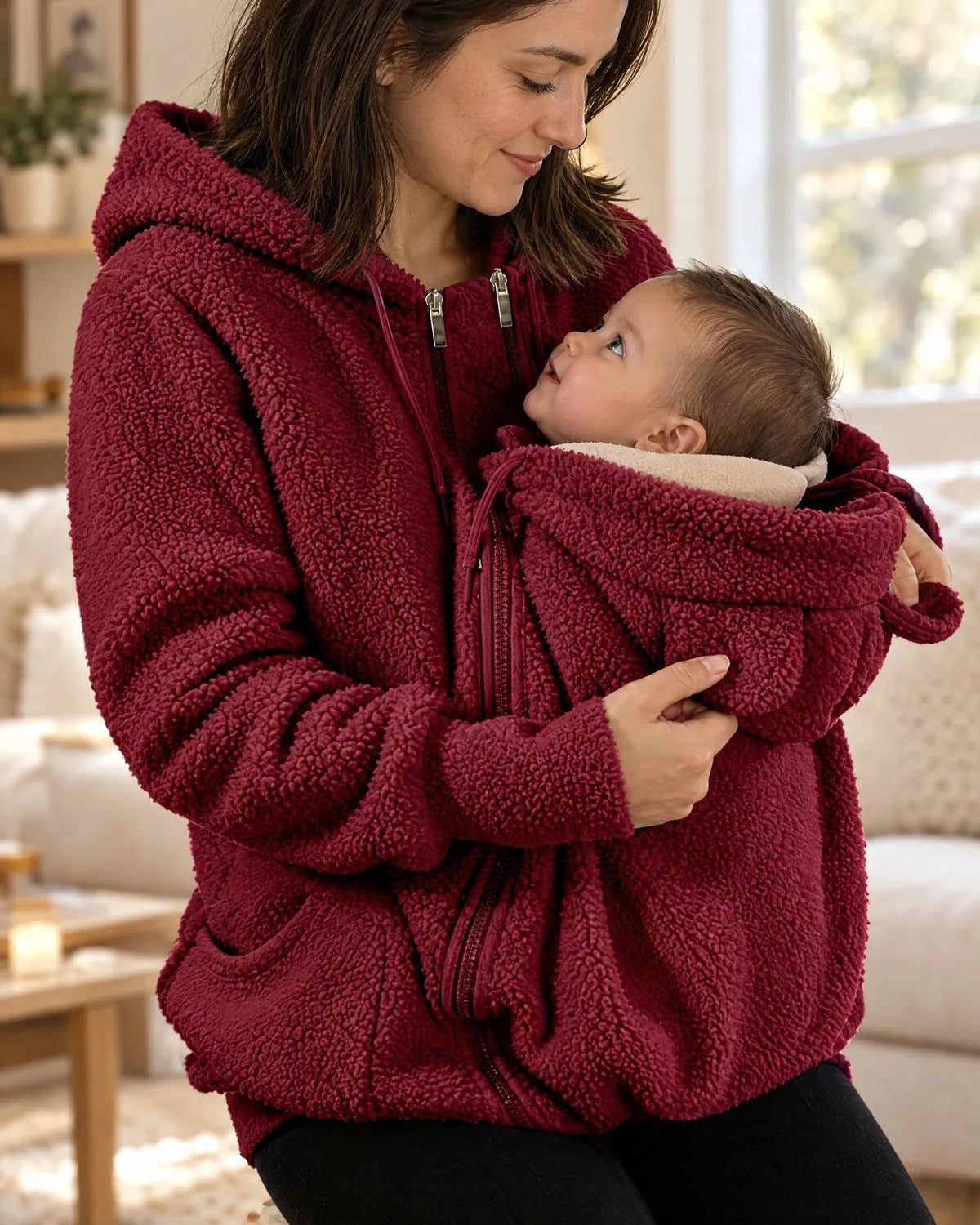 Mama und Baby schauen sich an, Kuscheljacke in Dunkelrot