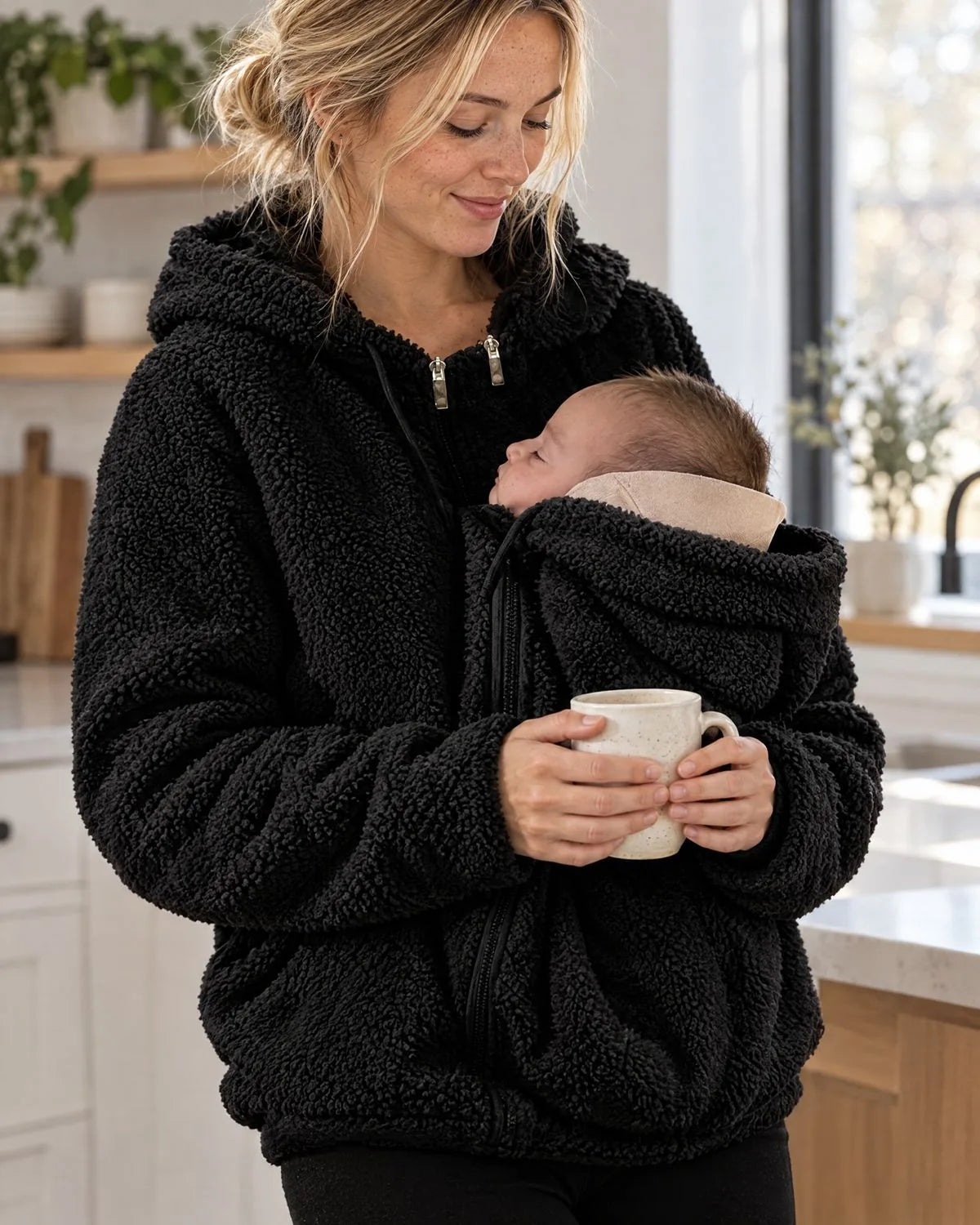 Mama trinkt Kaffee, das Baby schläft in der schwarzen Jacke