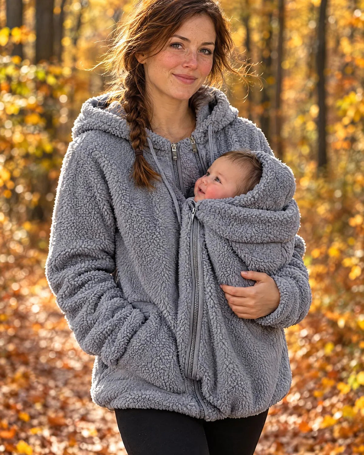Mama spaziert mit Baby durch den Herbstwald