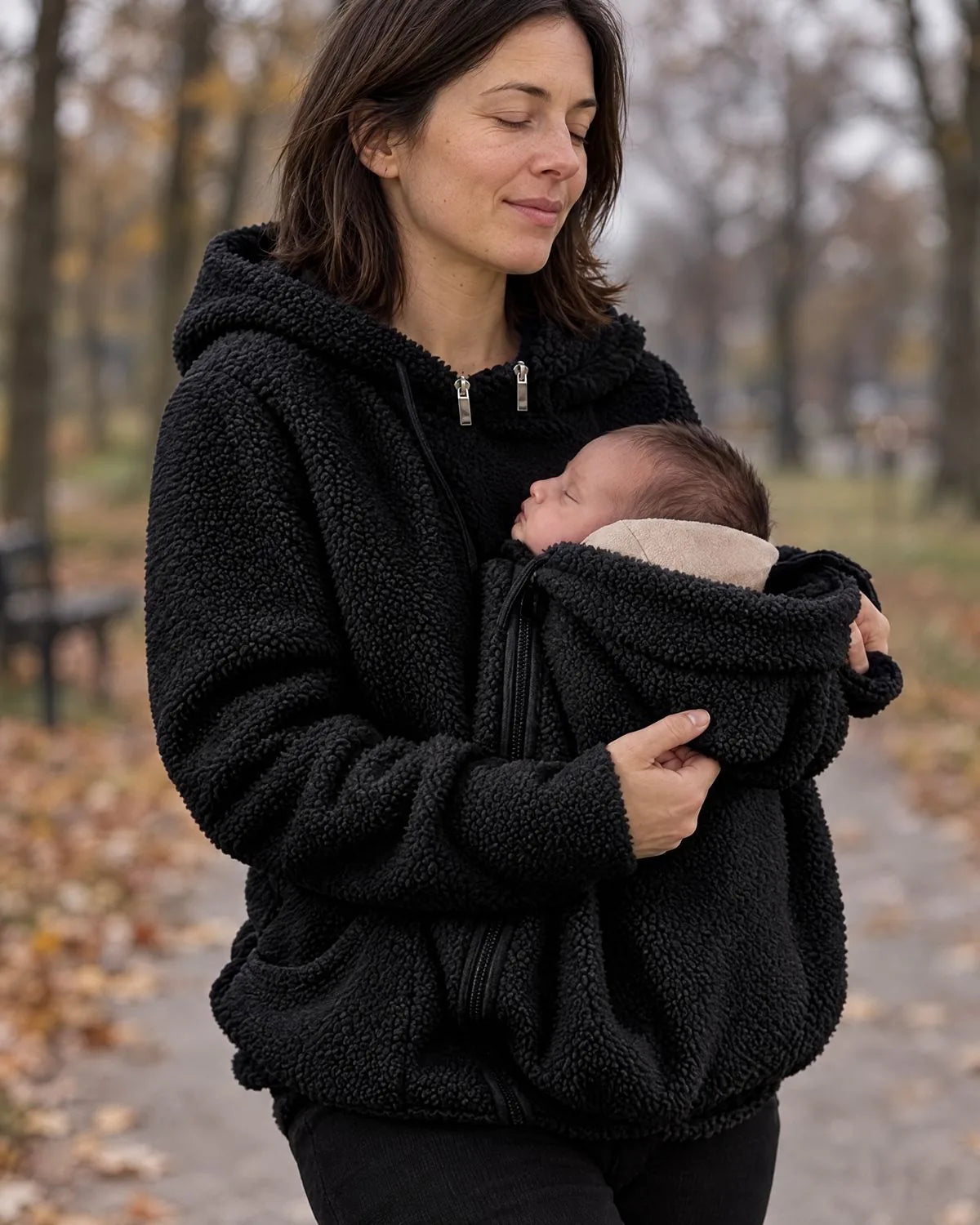 Mama geht entspannt durch den Park, das Baby schläft