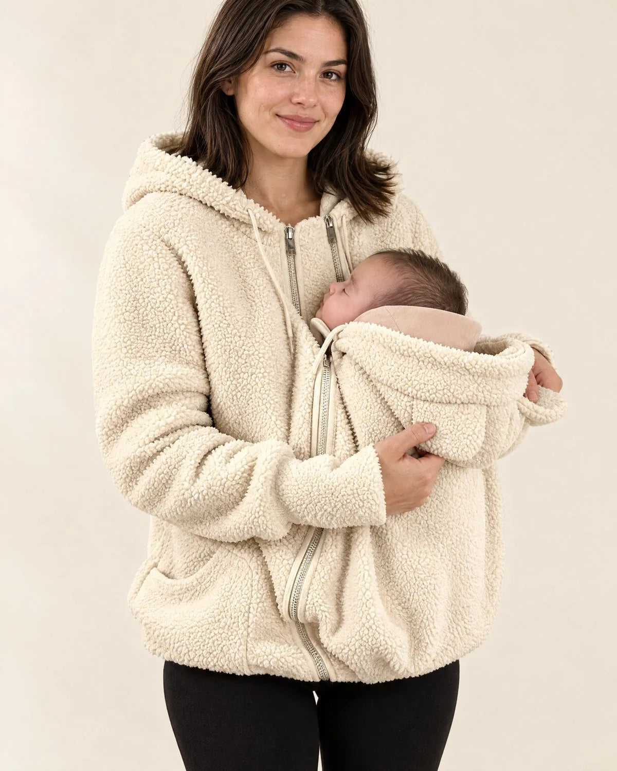 Kuscheljacke in Apricot, getragen mit Baby