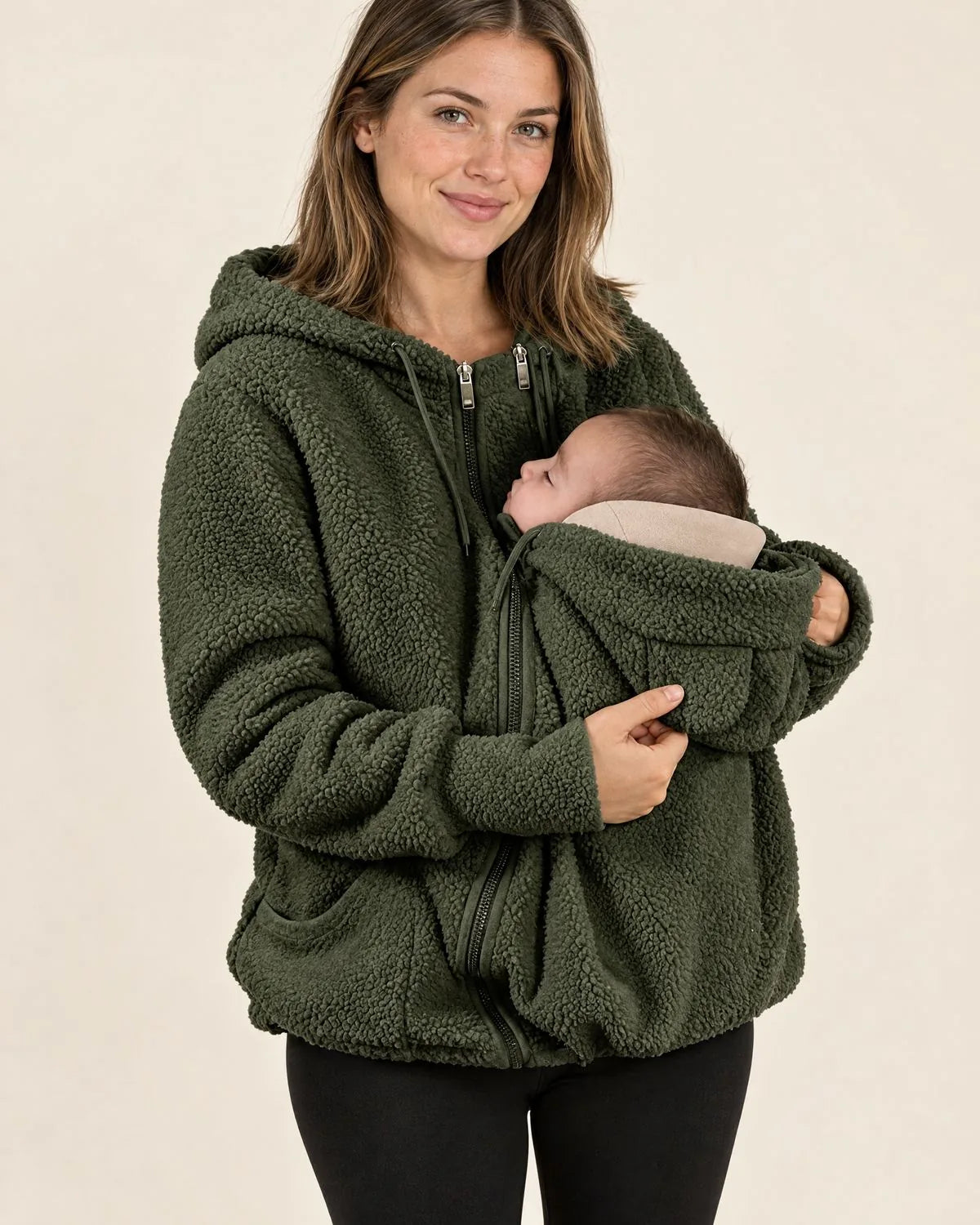 Kuscheljacke in Olivgrün, getragen mit Baby