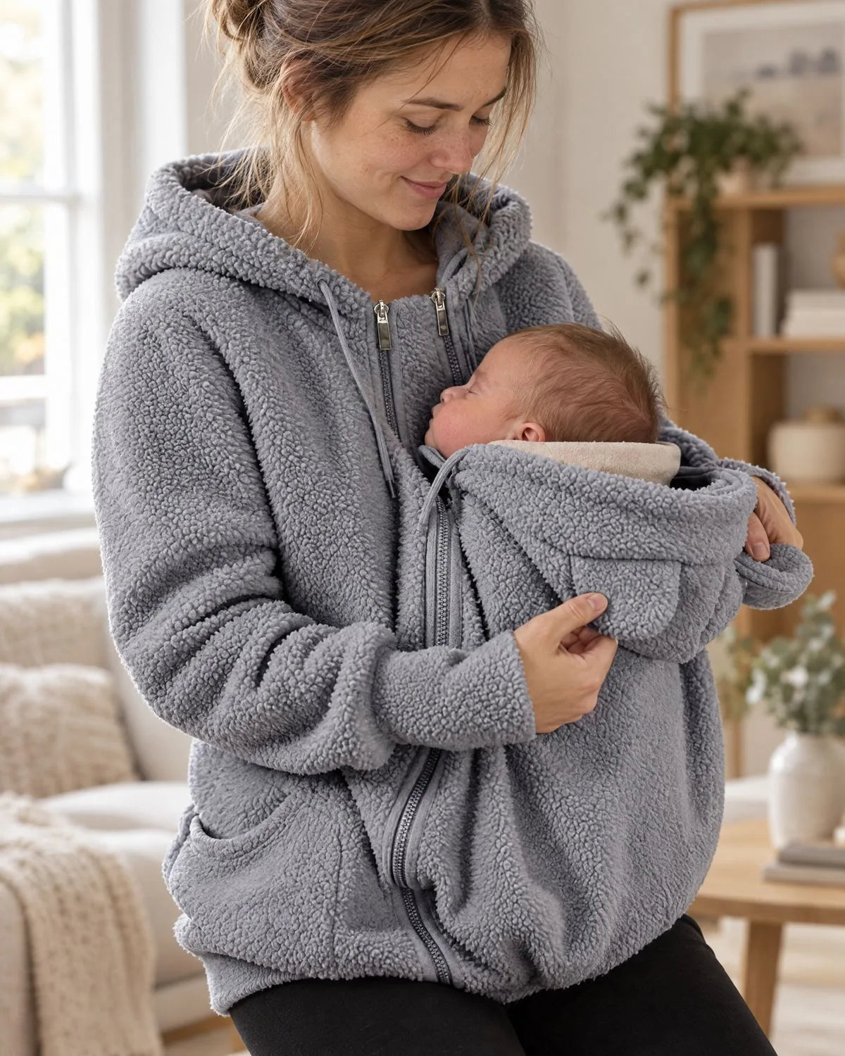 Mama trägt die Kuscheljacke in Grau mit schlafendem Baby