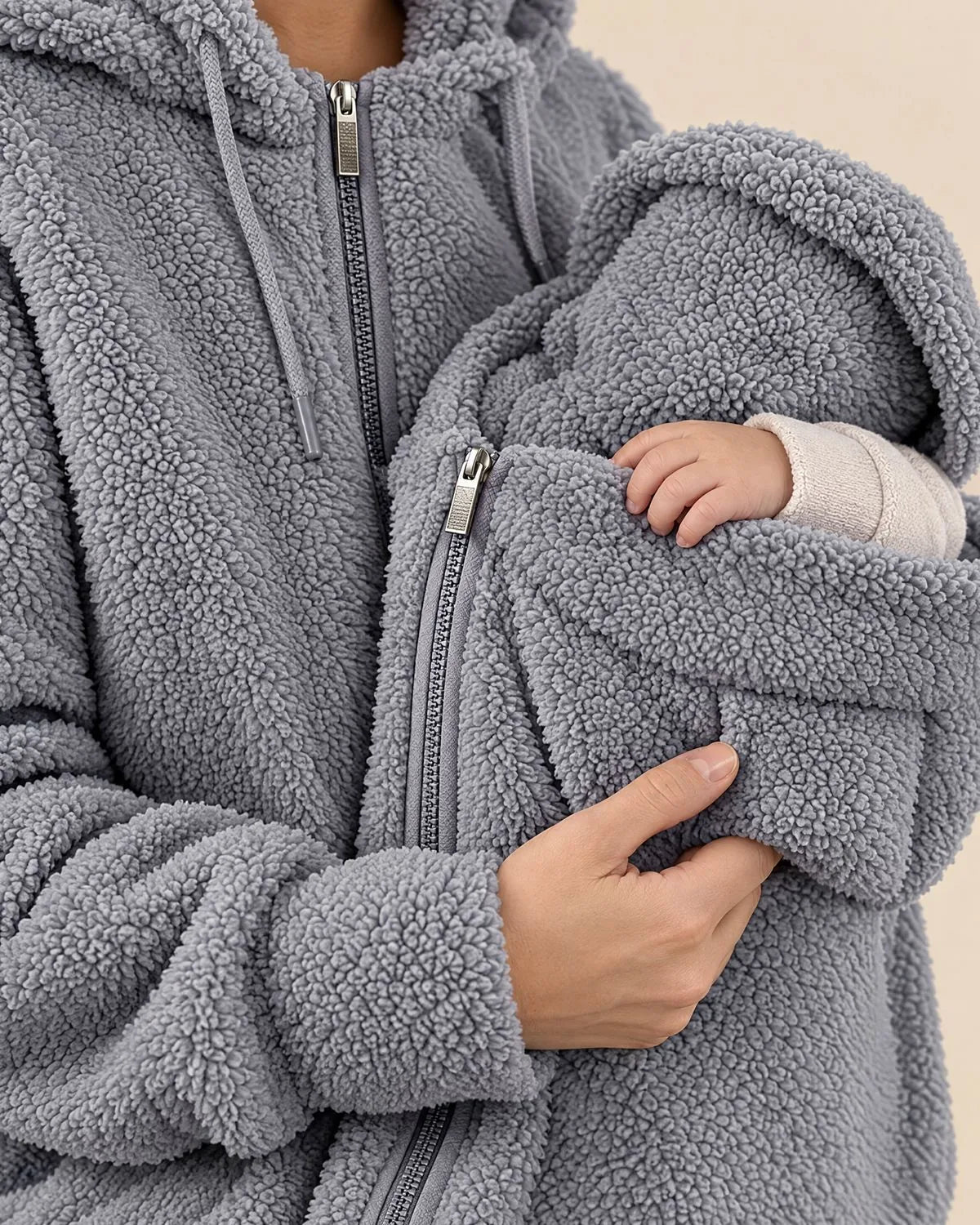 Babyeinsatz und Teddyfleece der grauen Jacke im Detail