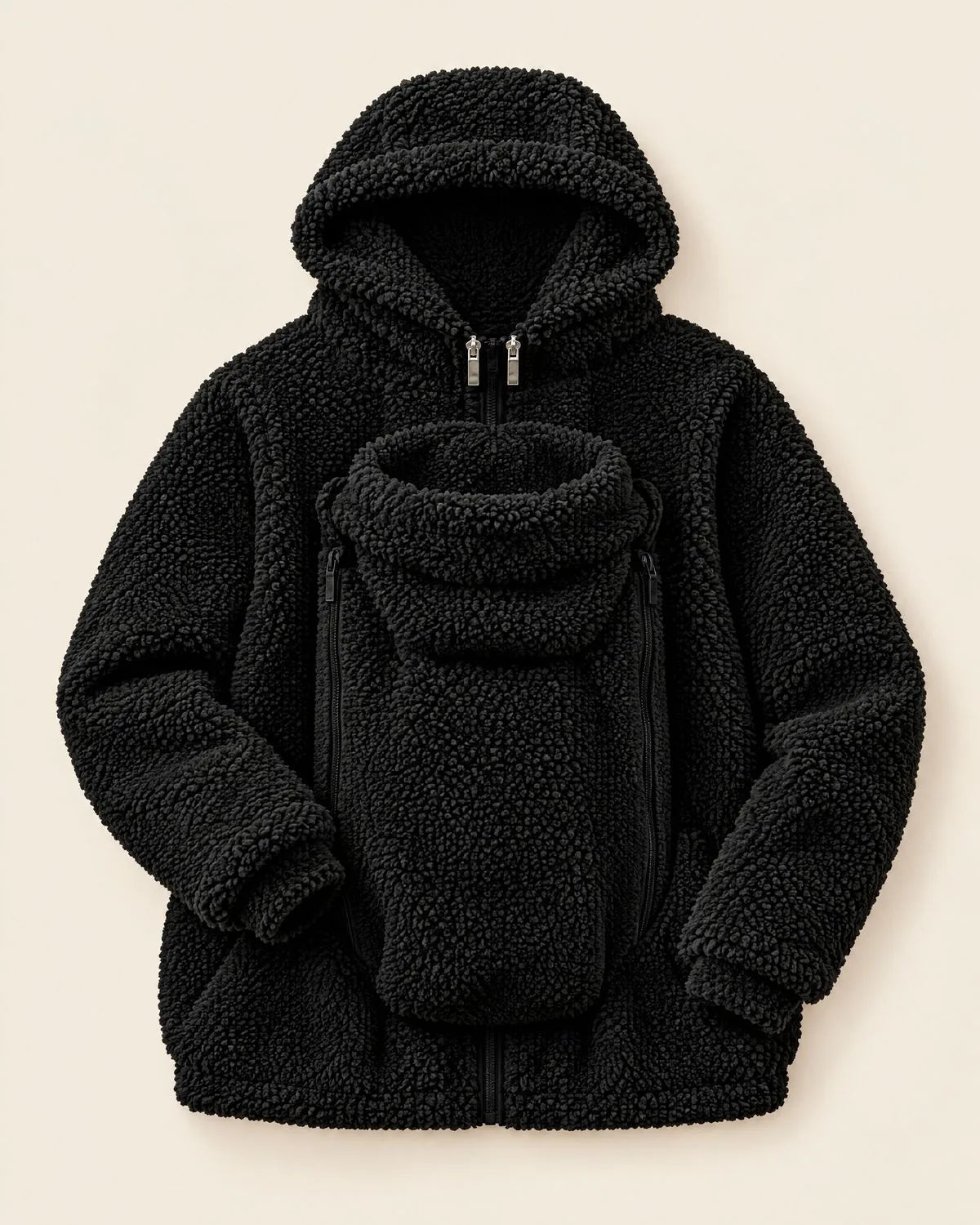 Kuscheljacke in Schwarz, liegend mit Babyeinsatz