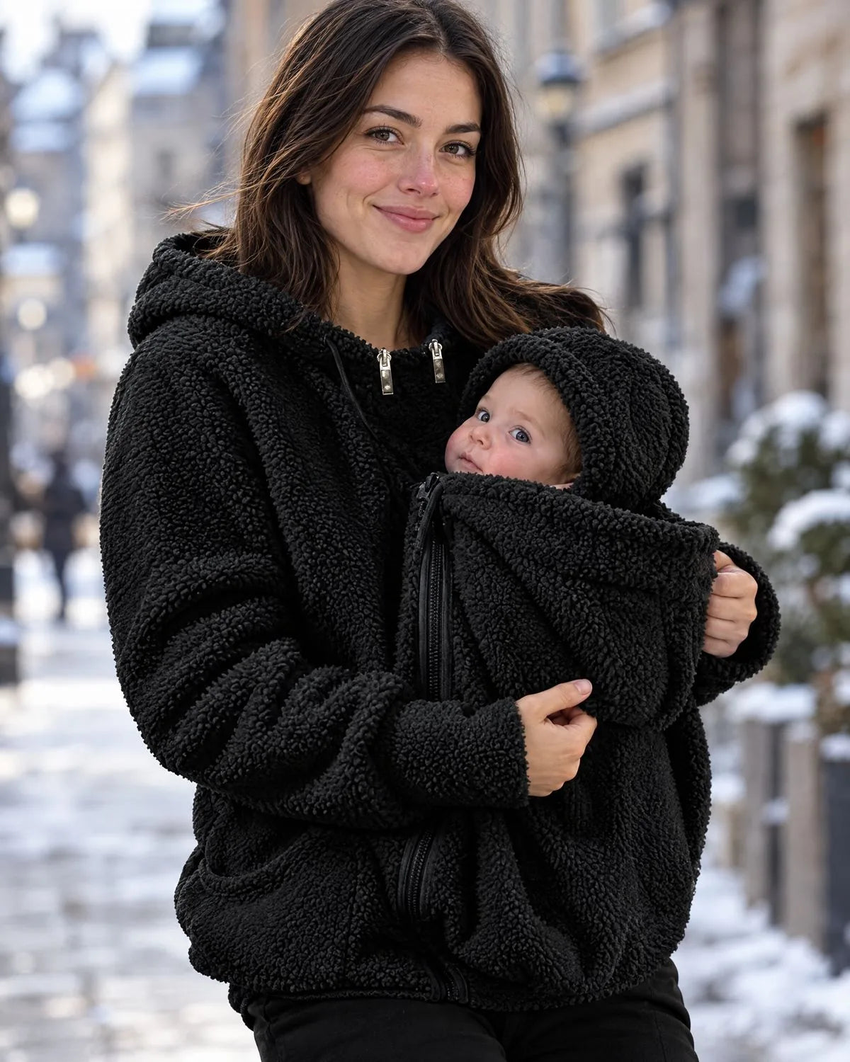 Mama trägt die Kuscheljacke in Schwarz, Baby schaut aus der Kapuze