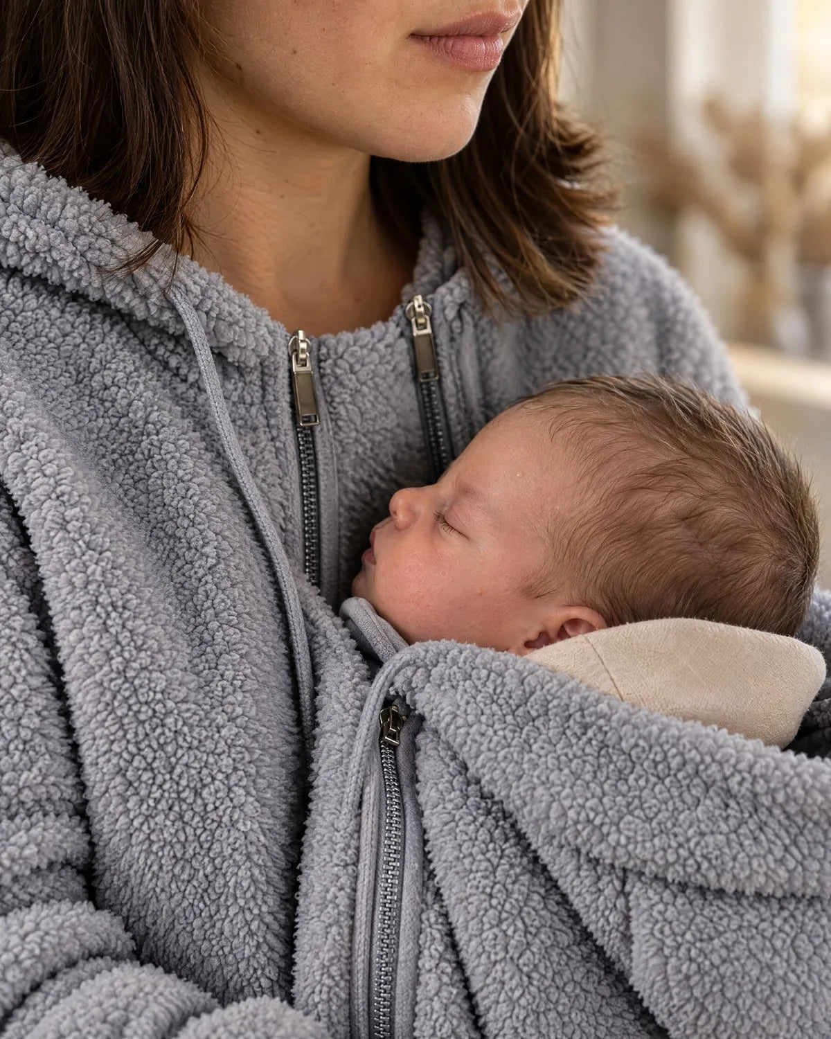 Neugeborenes schläft im Babyeinsatz der grauen Kuscheljacke an Mamas Brust